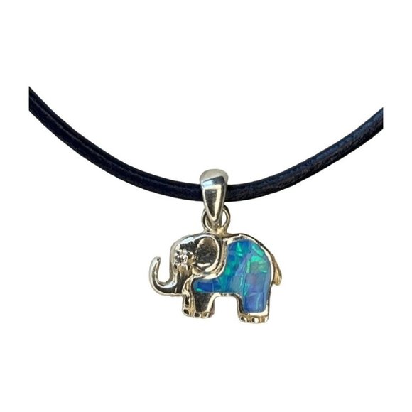 Handmade Jewelry - New Sterling silver 925 with blue Opal stone Elephant pendant/charm with leather